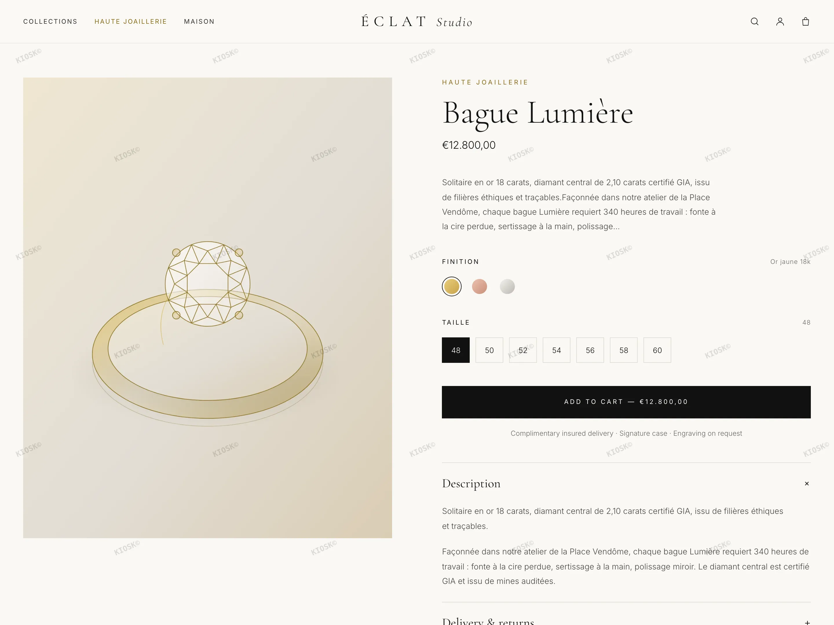 ÉCLAT product page — sticky gallery, metal swatches and size chips