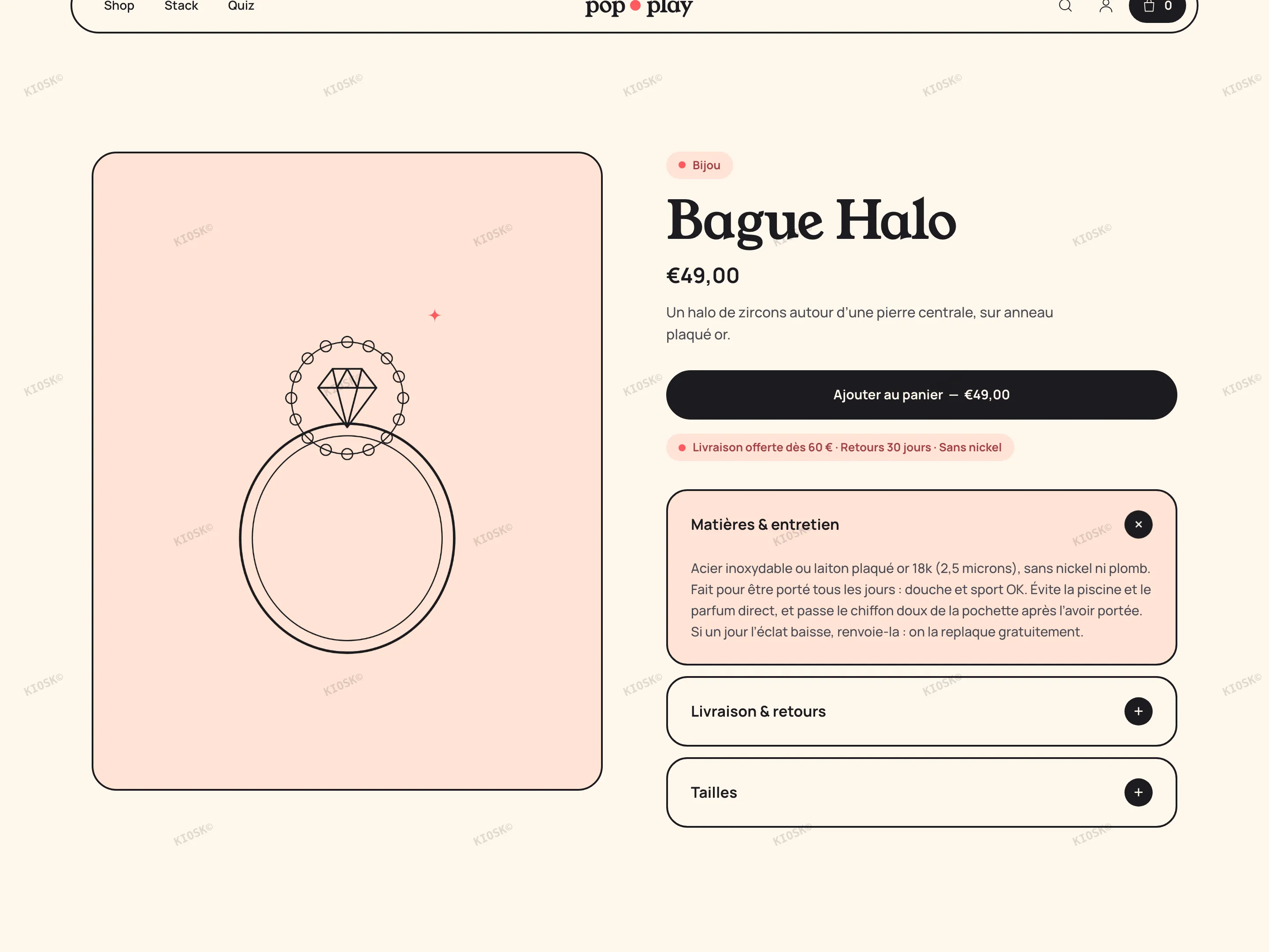 Fiche produit POP : la galerie sur une teinte pêche, pastilles, tailles en pilules et le prix dans le bouton
