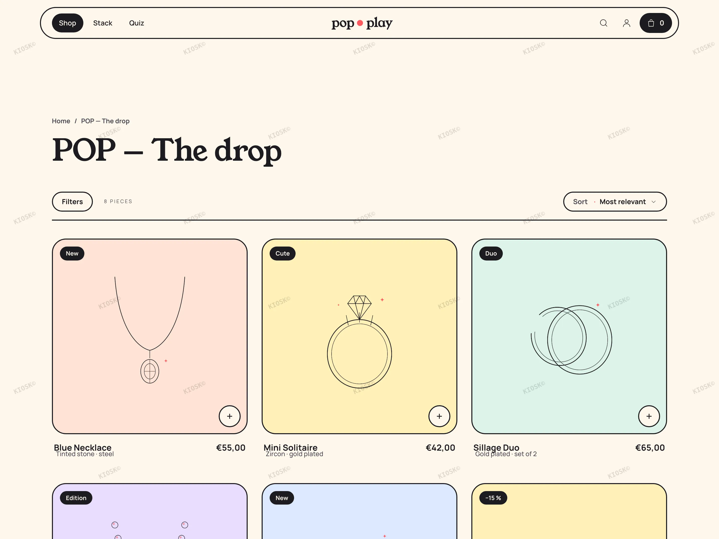 POP collection page with the Filters button, the sort pill and the grid of tinted tiles