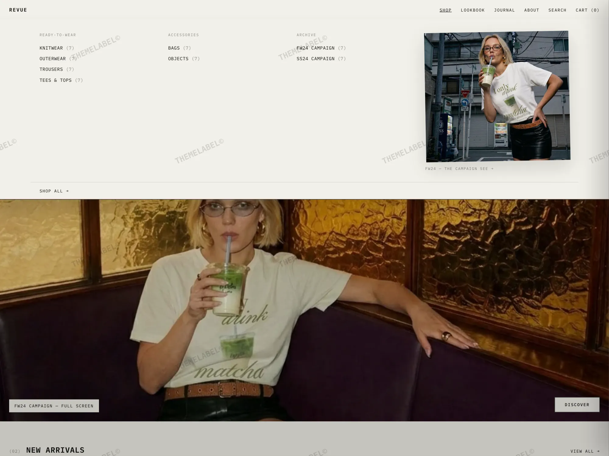 Desktop mega menu of the REVUE editorial theme