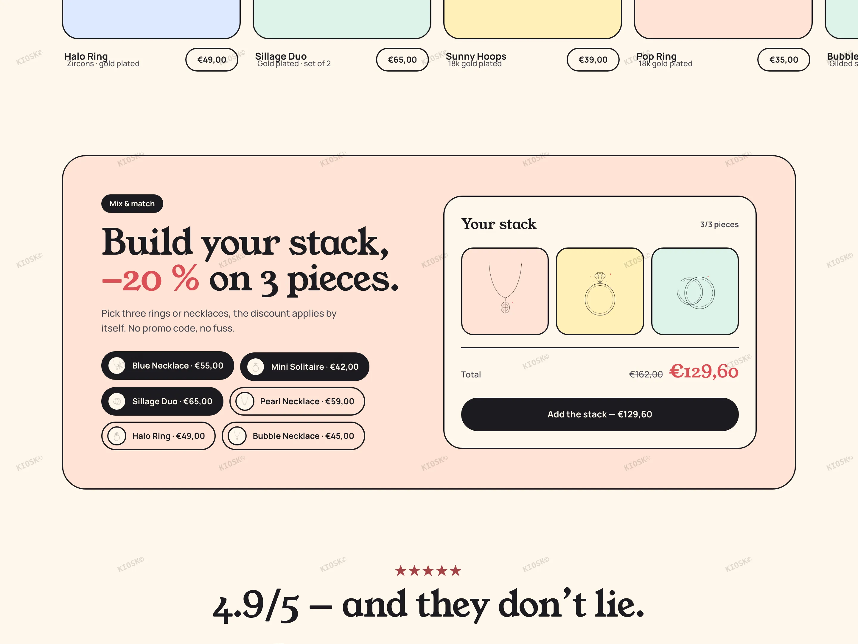 POP stack builder: three chips picked, the card with the full total struck through and the price after the discount