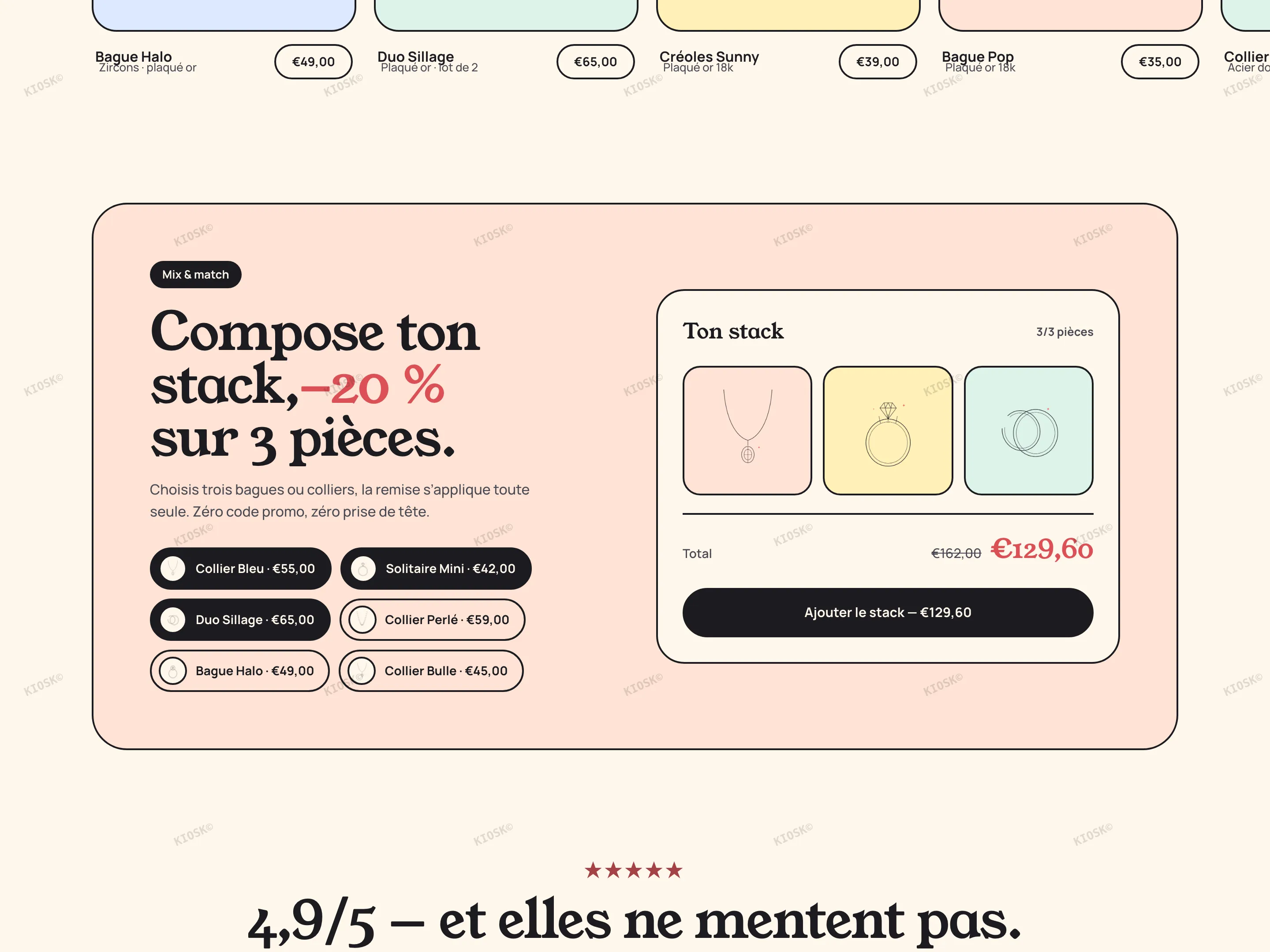 Créateur de stack POP : trois puces choisies, la carte avec le total plein barré et le prix après remise