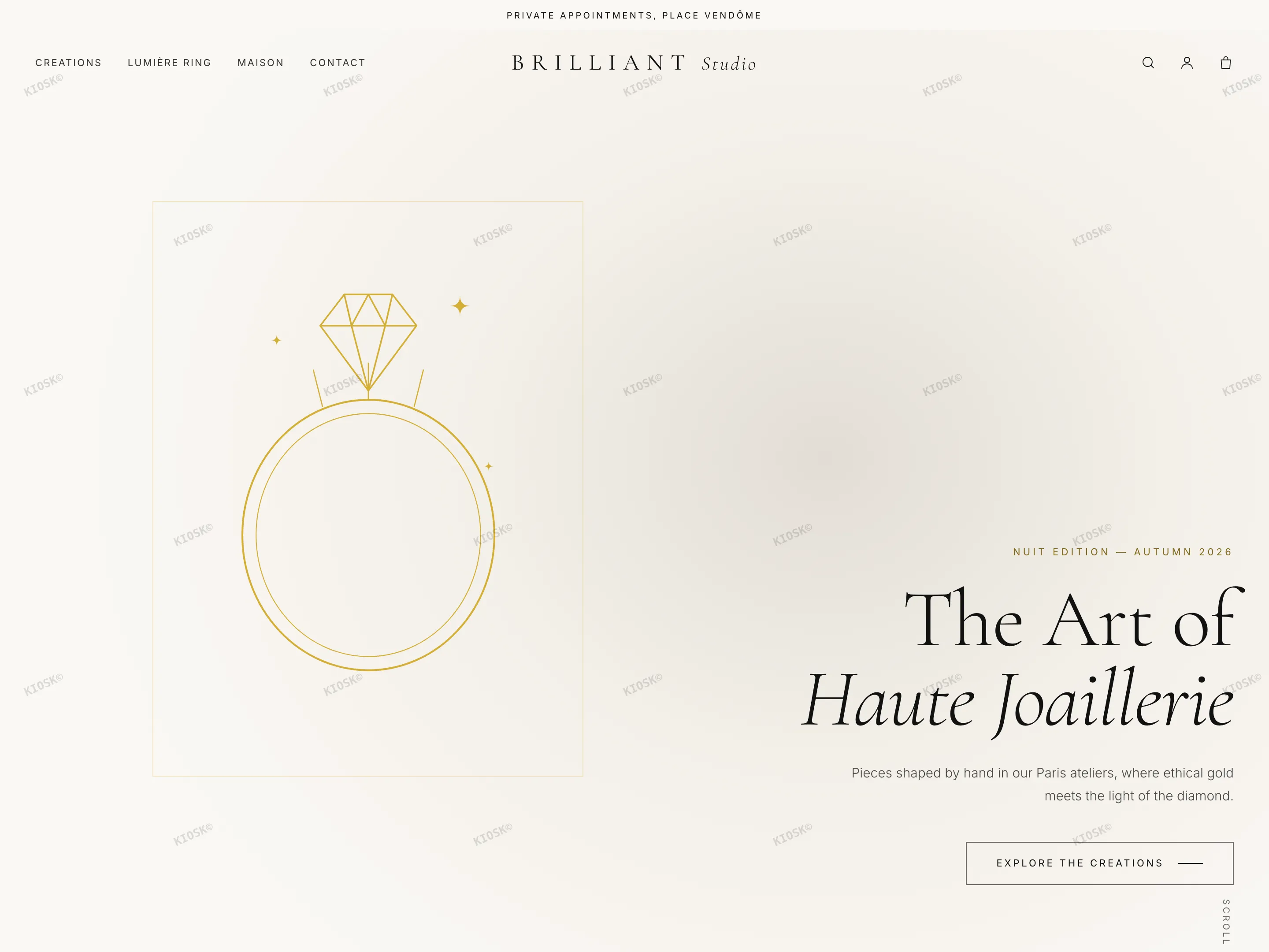 BRILLIANT home page in the Nuit edition — ivory hero, the ring on the left, the copy on the right