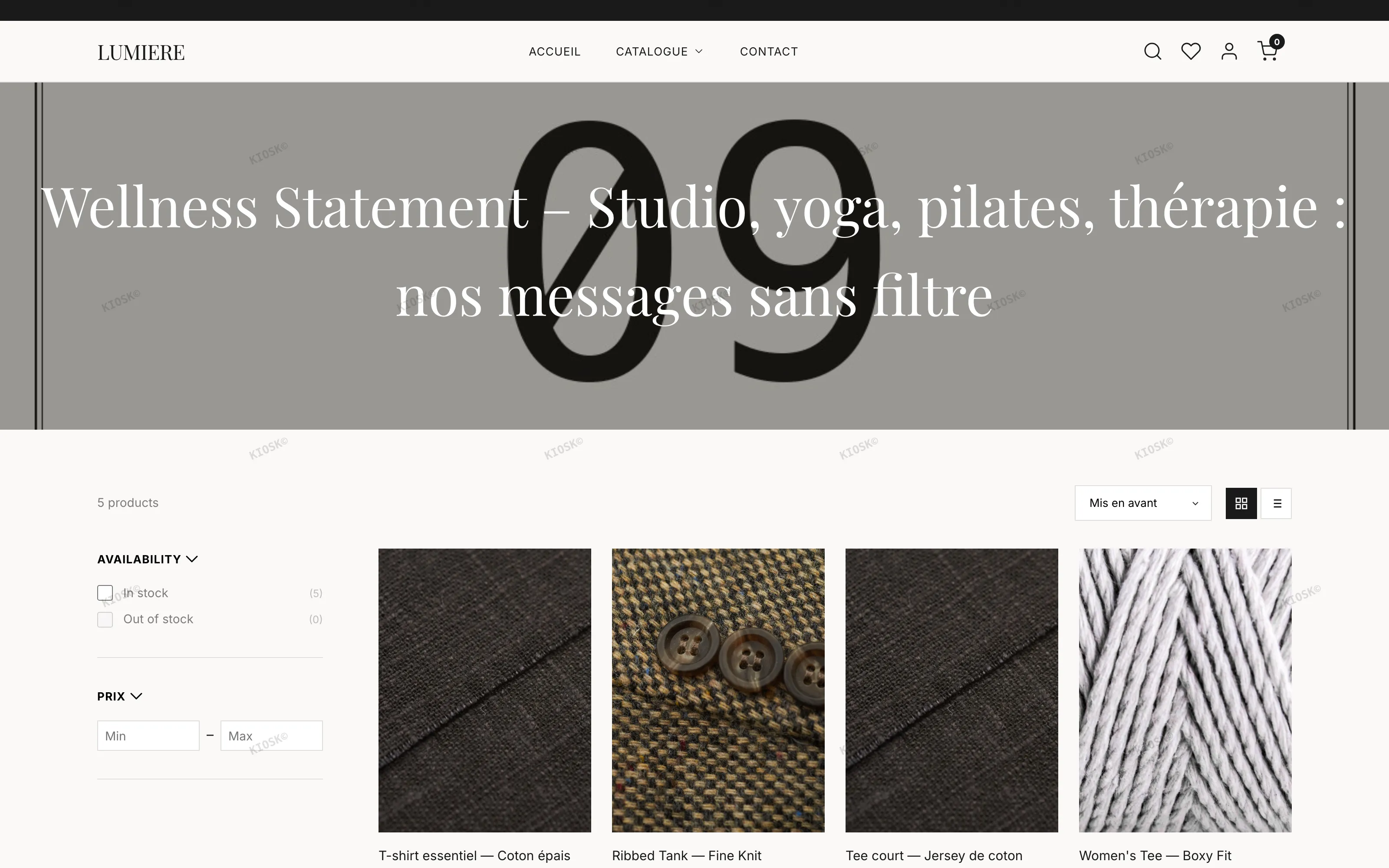 Page de collection LUMIERE avec filtres