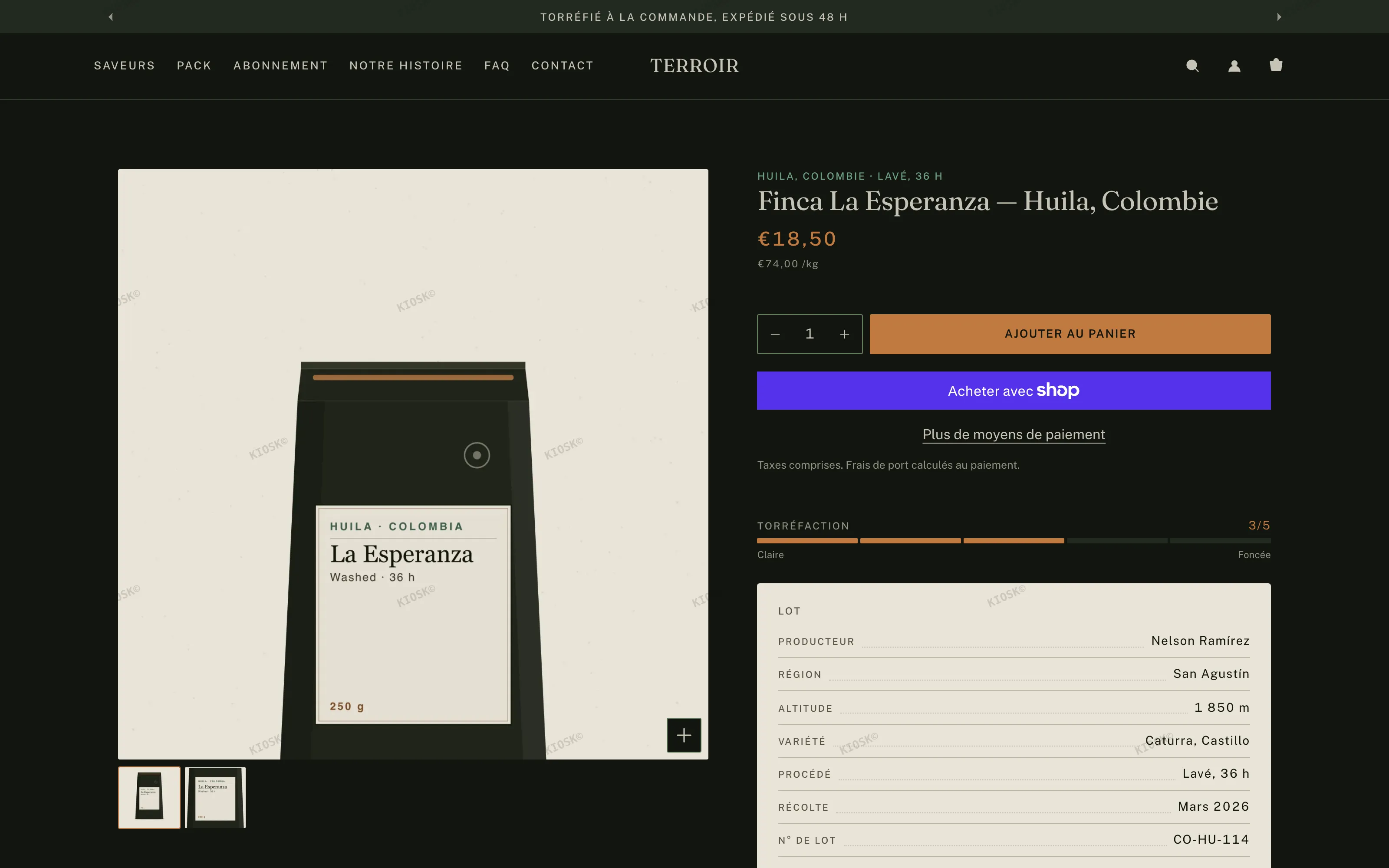 TERROIR, page produit — la fiche de lot